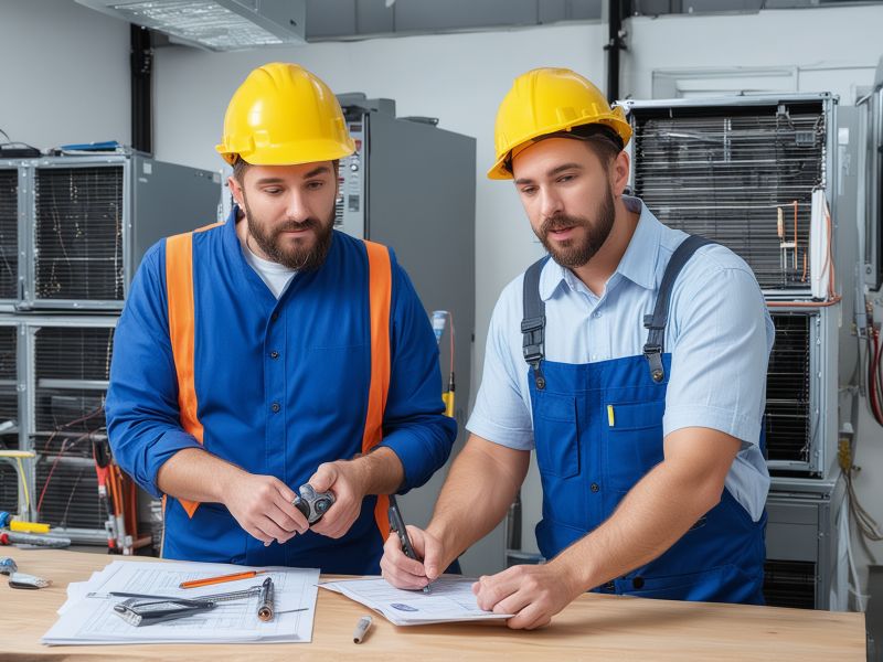 Professional HVAC team working together in modern office environment with tools and equipment