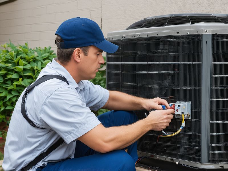 Professional AC repair technician using diagnostic tools and equipment