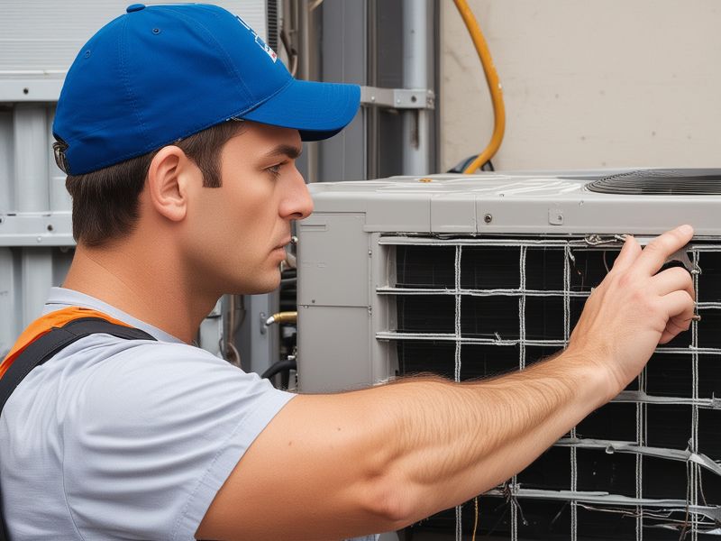Professional HVAC technician diagnosing and repairing air conditioning system