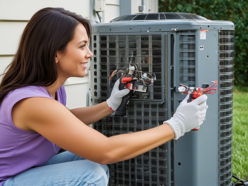 Satisfied HVAC customer smiling with technician in background