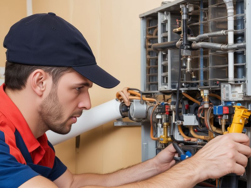 Professional HVAC technician servicing heating furnace system with professional tools