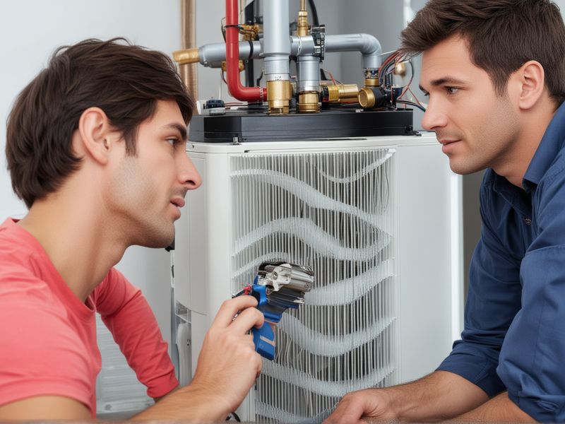 Professional heating technician inspecting and maintaining gas furnace system