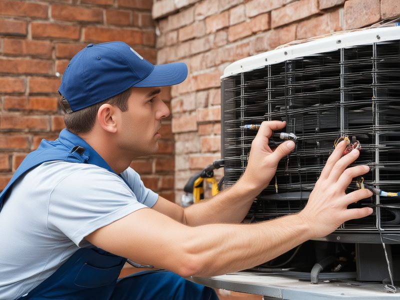 HVAC technician inspecting air conditioning system with professional tools