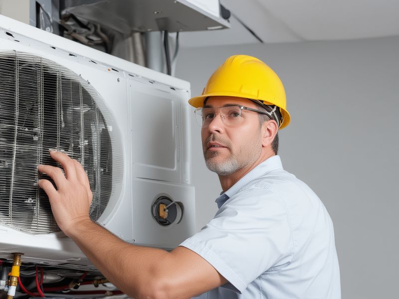 Professional HVAC technician working on air conditioning unit with tools in modern home environment