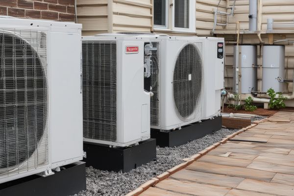 Modern residential HVAC air conditioning unit on exterior wall with clean professional installation