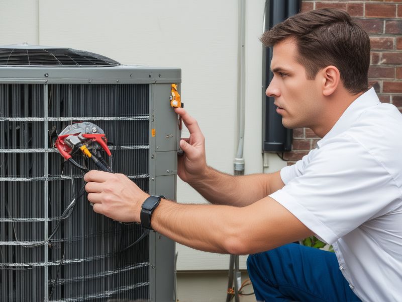 Professional HVAC maintenance technician performing comprehensive system inspection