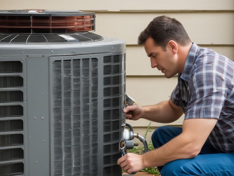 Professional HVAC technician performing preventive maintenance on air conditioning system