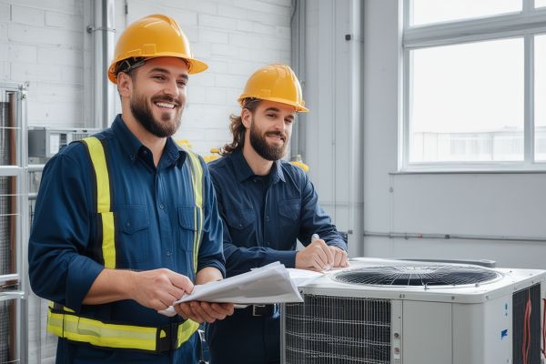 Professional HVAC team working together in modern office environment with tools and equipment